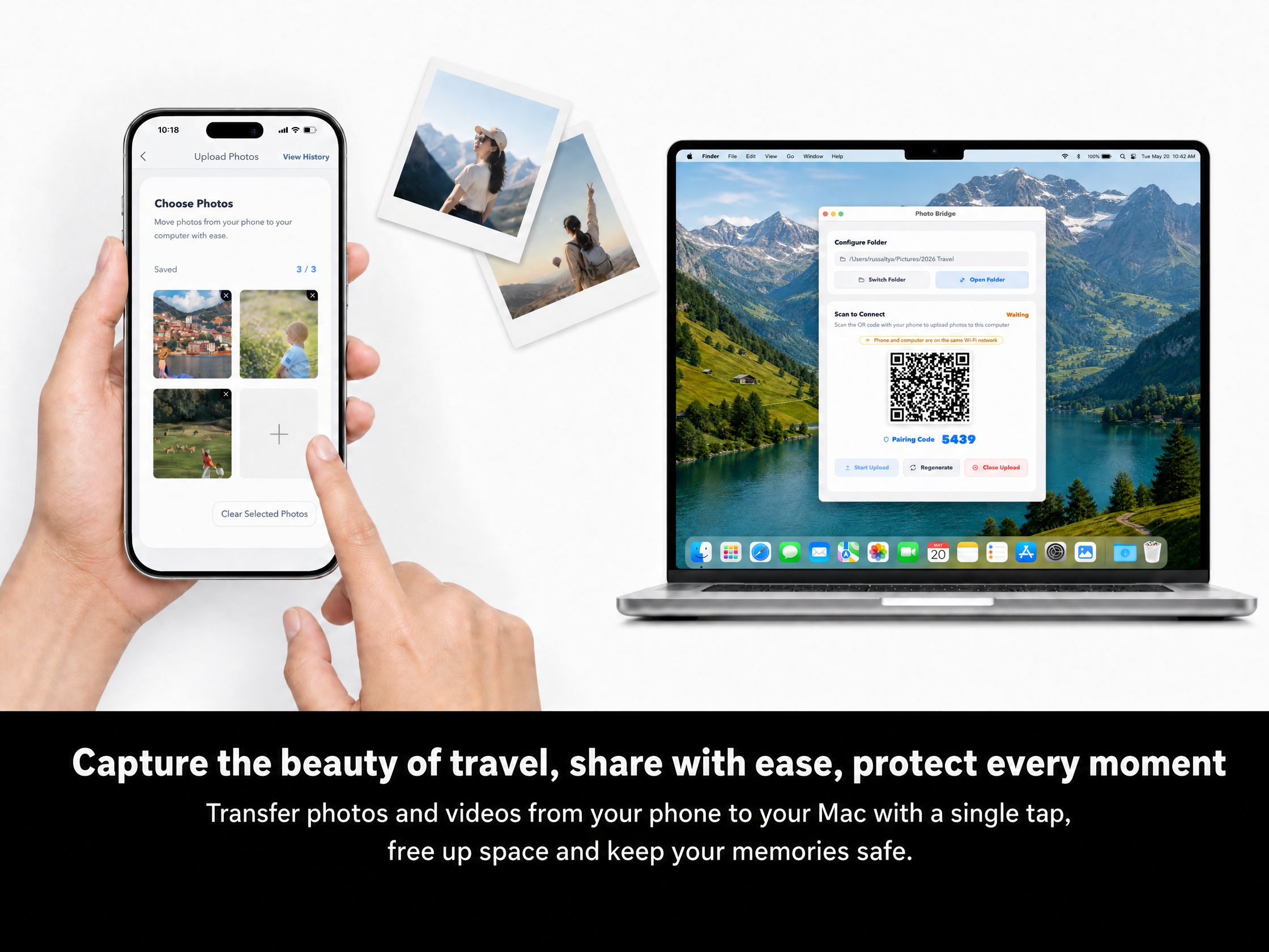 Phone photos upload directly into a Mac folder window